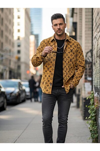 YusGos Long Sleeve Cotton Easy-Iron Lettering Velvet Regular Fit Premium Winter Men's Shirt Mustard m