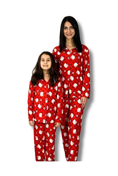YusGos Mother Daughter Matching Outfit Front Buttoned Peter Pan collar 100% Cotton Kitty Cat Patterned Pajama Set (Red) Kır