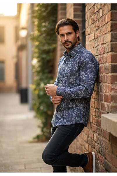 YusGos Long Sleeve Cotton Easy-Iron Leaf Pattern Regular Fit Premium Men's Shirt Smoked L