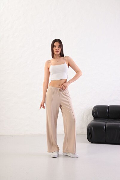 YusGos Women's Soft Textured Modal Fabric Side Stripe Wide Leg Palazzo Pants Beige L