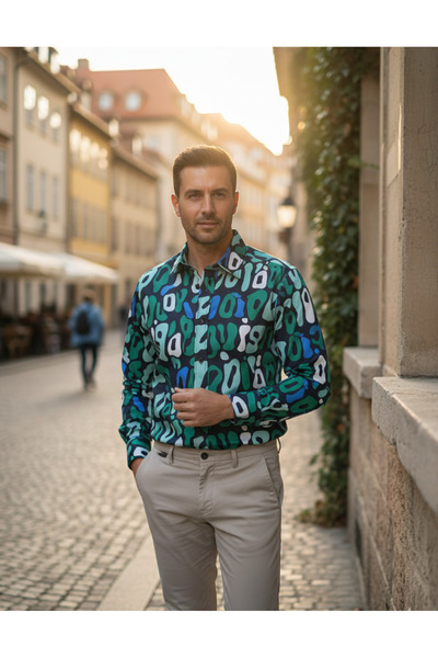 YusGos Long Sleeve Cotton Easy-Iron Letter Pattern Regular Fit Premium Men's Shirt Green m