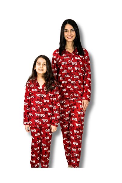 YusGos Mother Daughter Matching Outfit Front Buttoned Peter Pan collar 100% Cotton Girl Patterned Pajama Set (Red) Red XL
