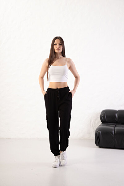 YusGos Women's Soft Textured Modal Fabric Pocket Detailed Elastic Leg Cargo Pants Black