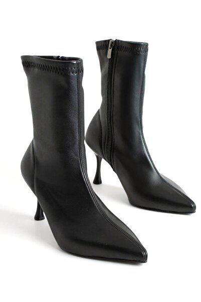 Cochines Μαύρες δερμάτινες μπότες Stretch Γυναικείες μπότες με λεπτό τακούνι στιλέτο με φερμουάρ στο πλάι Άνετες καθημερινές μπότες με τακούνι