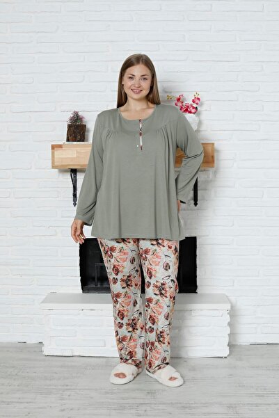 LİMİSSİ Viscose Plus Size Patterned Green Pajama Set 100% Cotton Patterned 4XL