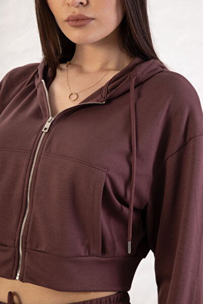 YusGos Women's Long Sleeve Zippered Modal Fabric Pocketed Hooded Crop Plum