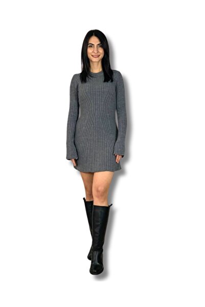 YusGos Women's Mini Corded Fabric Winter Knitwear Dress Gray L