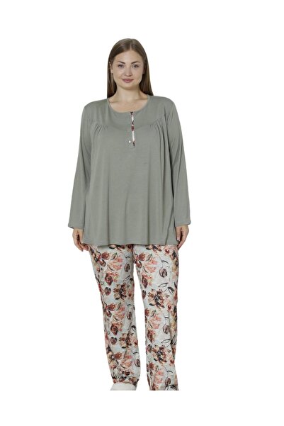 LİMİSSİ Viscose Plus Size Patterned Green Pajama Set 100% Cotton Patterned 4XL