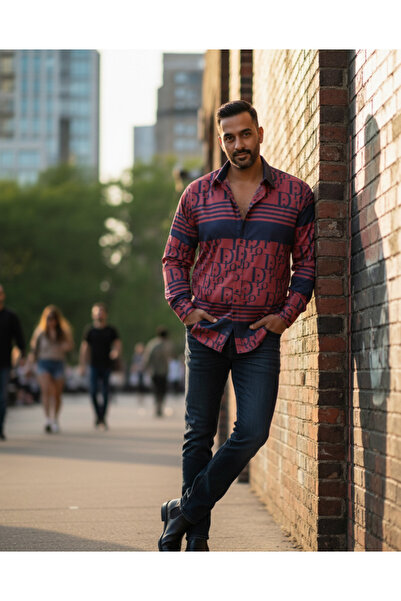 YusGos قميص رجالي طويل الأكمام من القطن سهل الكي ذو تصميم منتظم