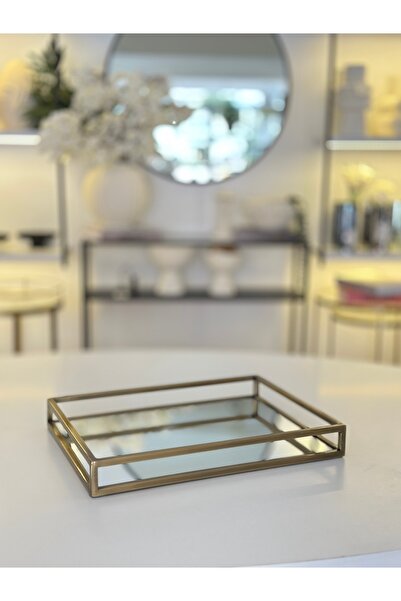 Kübra Özdemir Store Metal Mirrored Tray Tumbled Gold Rectangular Tray