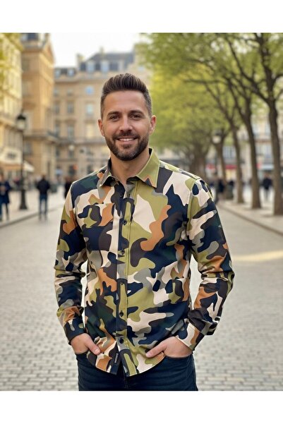 YusGos Long Sleeve Cotton Easy Iron Camouflage Pattern Regular Fit Premium Men's Shirt Green 3XL