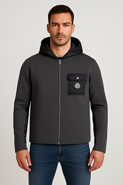 YusGos Men's Back and Arm Knitted and Arm Patched Raincoat Hooded High Quality Coat Jacket Anthracite XL