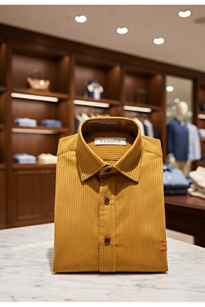 YusGos Men's Regular Fit Corded Fabric Velvet High Quality Winter Shirt Mustard L