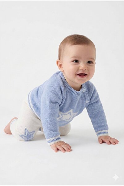 Bursa Trikomer Star Knit Patterned Stylish Side Buttoned High Neck Knitwear Soft Textured Baby Set