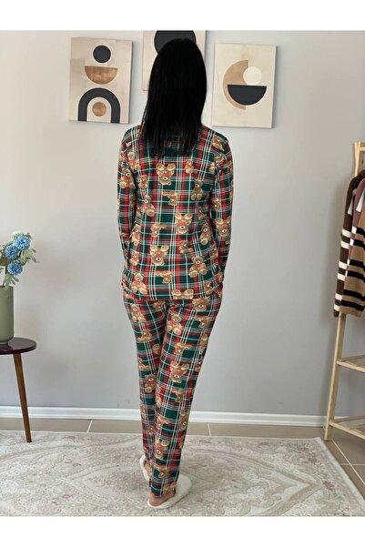 YusGos Women's Teddy Bear Patterned Suede Buttoned Pajama Set Green 2XL