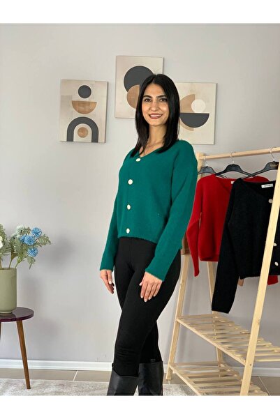 YusGos Women's Bearded Knitwear Crop Cardigan Green Standard