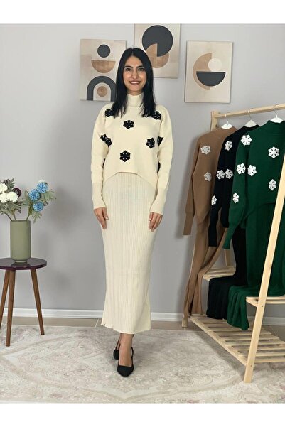 YusGos Kadın Kar Tanesi Desenli Kazaklı Elbise (Krem)