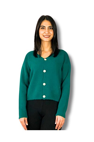 YusGos Women's Bearded Knitwear Crop Cardigan Green Standard