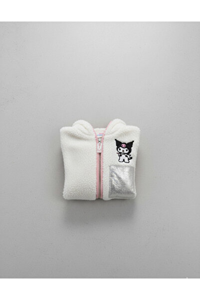 YusGos Zippered Hooded Plush Fleece Printed Girls' Coat Cream Color 5-6 Years Old