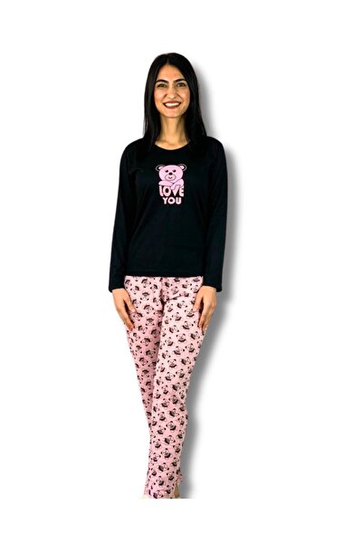 YusGos Women's Love You Printed Panda Patterned Pajama Set (Pink-Black) Black m
