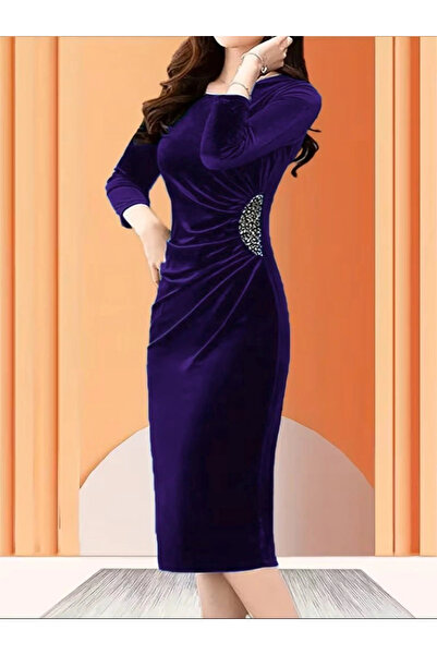 BEFAON Rochie Midi din catifea cu pietre aplicate pentru femei MDB cu mâneci ...