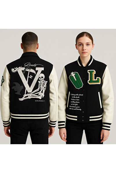 YusGos Unisex Women'S/Men's Embroidered Back and Front Special Design High Quality College Coat Jacket Black XL