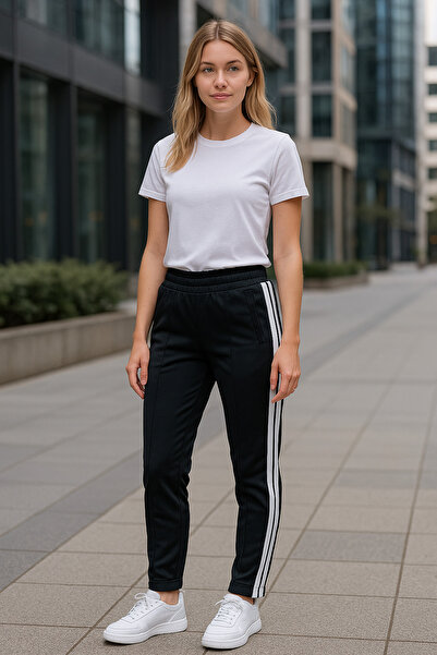 YusGos Cotton Fabric Embossed Striped Elastic Waist Tight Zipper Leg Detail Sports Sweatpants Black XL