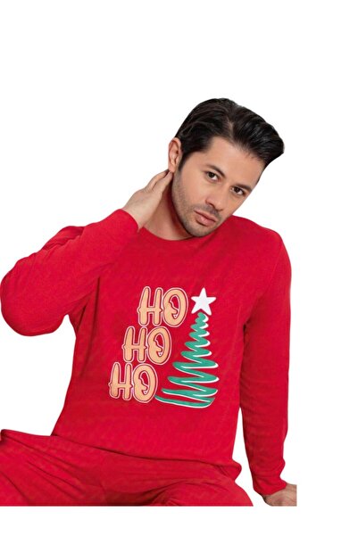 YusGos Printed Cotton Men's New Year Family Pajamas Set (Ho Ho Ho) Red 2XL