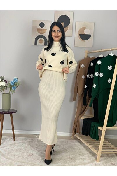 YusGos Kadın Kar Tanesi Desenli Kazaklı Elbise (Krem)
