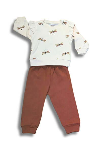 YusGos Yusufcuk Printed Volanlı Kol Monthly Baby Girl Set Brown 9 - 12 Months