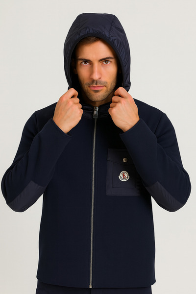 YusGos Men's Back and Arm Knitted and Arm Patched Raincoat Hooded High Quality Coat Jacket Navy Blue