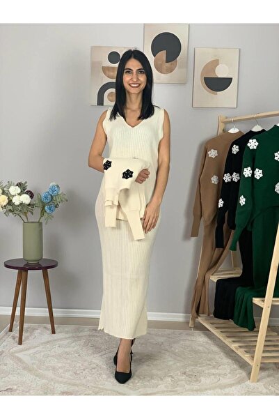 YusGos Kadın Kar Tanesi Desenli Kazaklı Elbise (Krem)