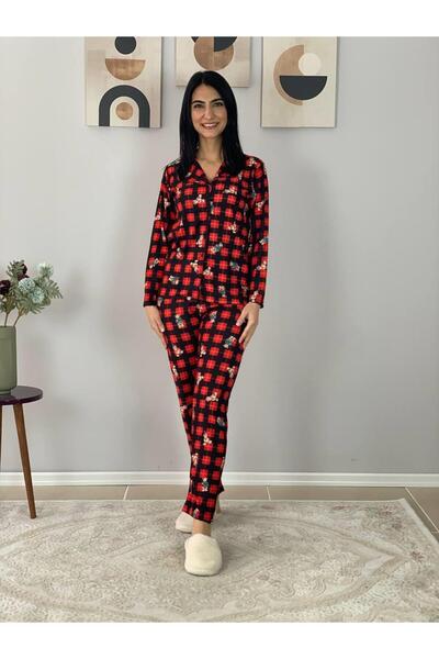 YusGos Women's Teddy Bear Patterned Suede Buttoned Plaid Pajama Set Red 2XL