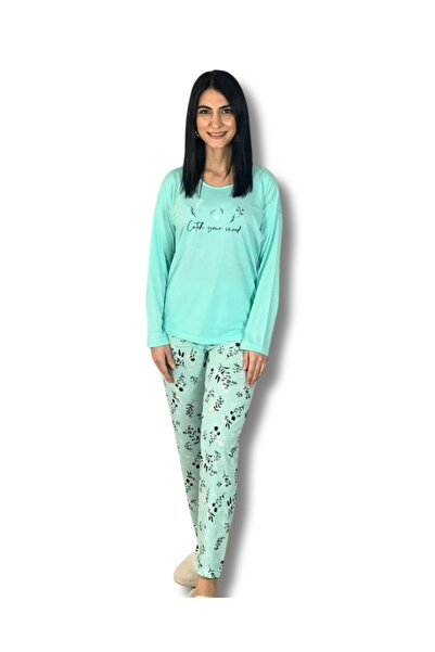 YusGos Women's Cotton Viscon Floral Patterned Pajama Set (Green) Green XL