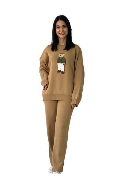 YusGos Women's Long Sleeve Teddy Bear Crew Neck Knitwear Sweater Pants Set Tan Standard