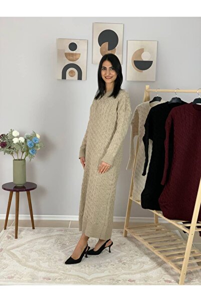 YusGos Crew Neck Hair Braided Knitwear Midi Dress Beige Standard