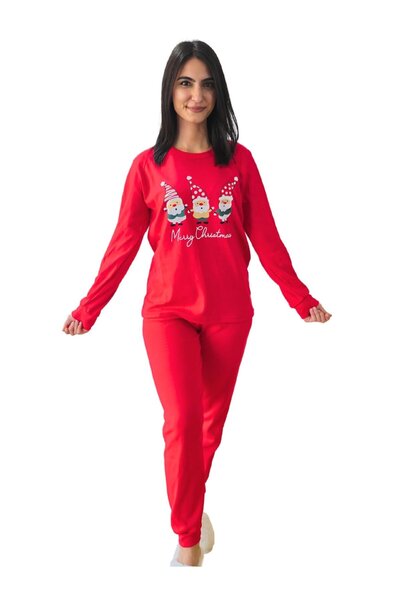 YusGos Santa Claus Printed Cotton Women's New Year Family Pajamas Set Red 2XL