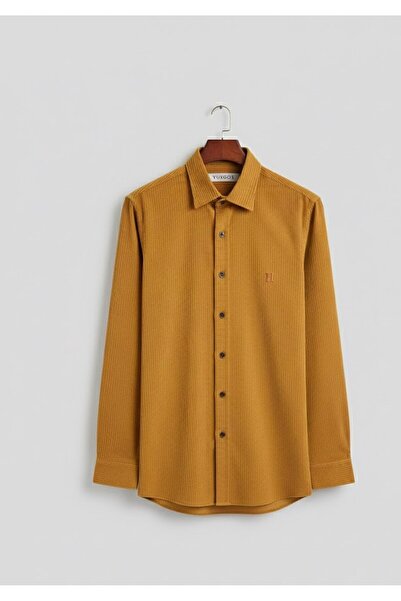 YusGos Men's Regular Fit Corded Fabric Velvet High Quality Winter Shirt Mustard L