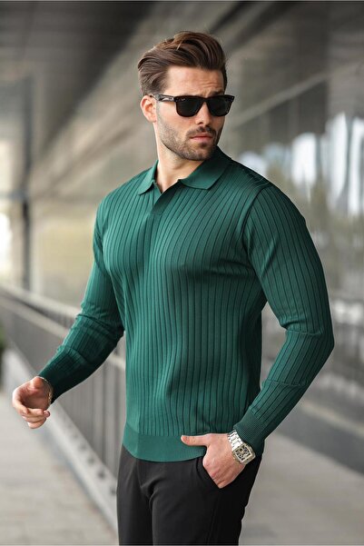 Madmext Μακρυμάνικο πράσινο ριγέ πουλόβερ πόλο - 7239