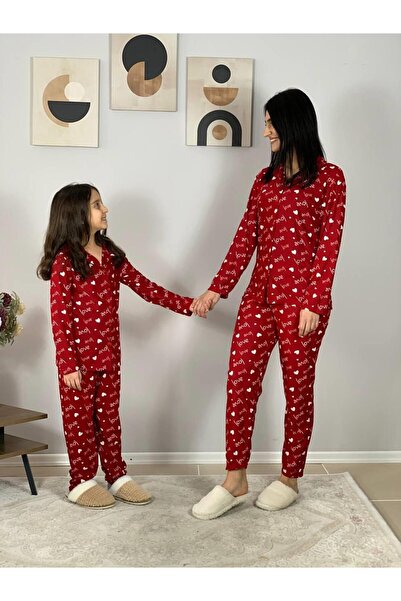 YusGos Mother Daughter Matching Outfit Front Buttoned Peter Pan collar 100% Cotton Love Patterned Pajama Set (Red) Red