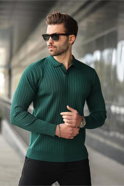 Madmext Μακρυμάνικο πράσινο ριγέ πουλόβερ πόλο - 7239