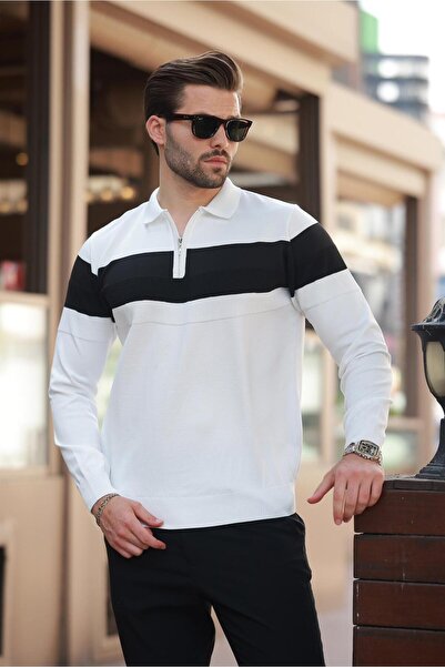 Madmext Λευκό μακρυμάνικο πουλόβερ με ριγέ λαιμόκοψη με φερμουάρ E7288