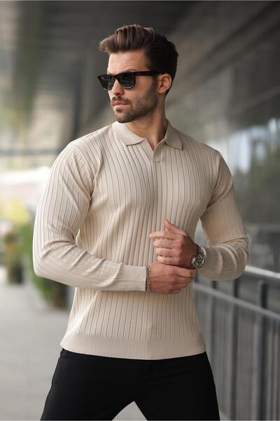 Madmext Polo Neck Beige Striped Long Sleeve Sweater - 7239