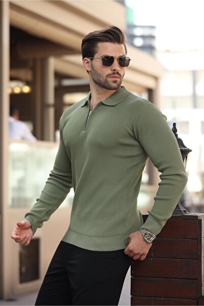 Madmext Ανδρικό πουλόβερ με μακρυμάνικο χακί λαιμόκοψη 7240