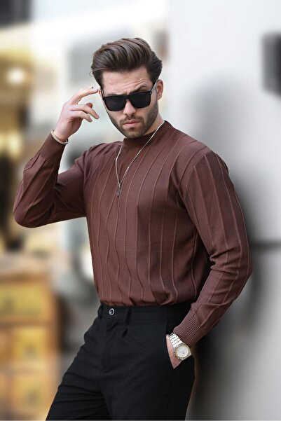 Madmext 7244 Μοντέλο μακρυμάνικο ριγέ πουλόβερ με λαιμόκοψη - Καφέ