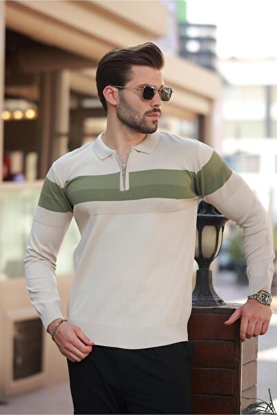 Madmext Μπεζ μακρυμάνικο πουλόβερ με λαιμόκοψη με φερμουάρ E7288