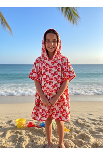GÜRPAMUK HOME & BABY OUTLET %100 Pamuklu Kız-erkek Çocuk Deniz, Plaj, Havuz, Banyo Kapşonlu Havlu Panço 10/12 yaş ÇİLEK