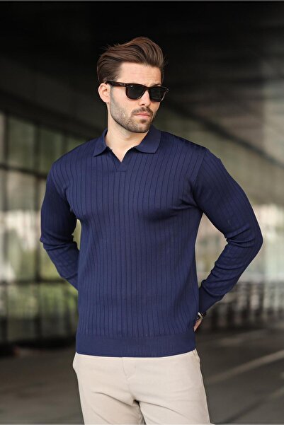 Madmext Lacivert Polo Yaka Çizgili Uzun Kollu Kazak 7239