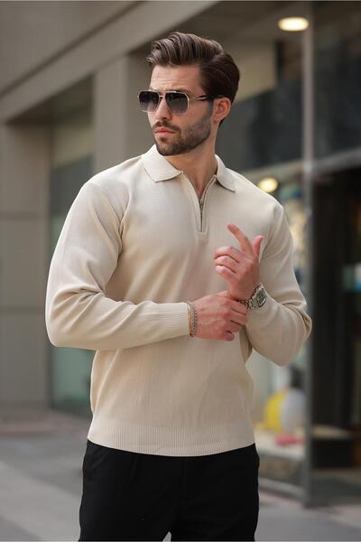 Madmext Men's Polo Collar Beige Long Sleeve Sweater - Zippered 7240