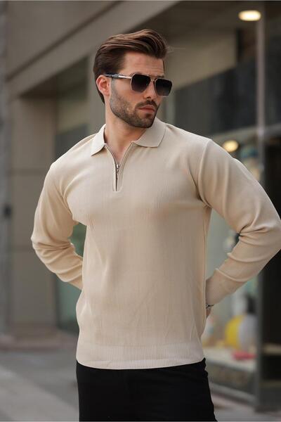 Madmext Men's Polo Collar Beige Long Sleeve Sweater - Zippered 7240
